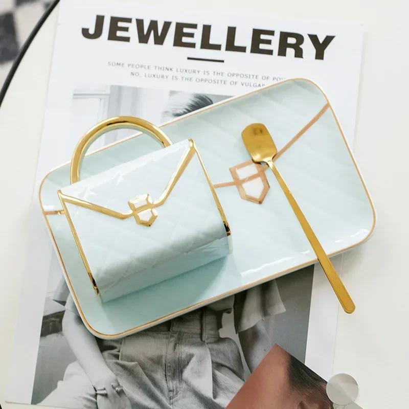Bag Shaped Coffee Mug Luruxy Aesthetic Cup Ceramic Handbag Shape Tea Mug Saucer Set Dessert Afternoon Water Cup Drinkware Gift