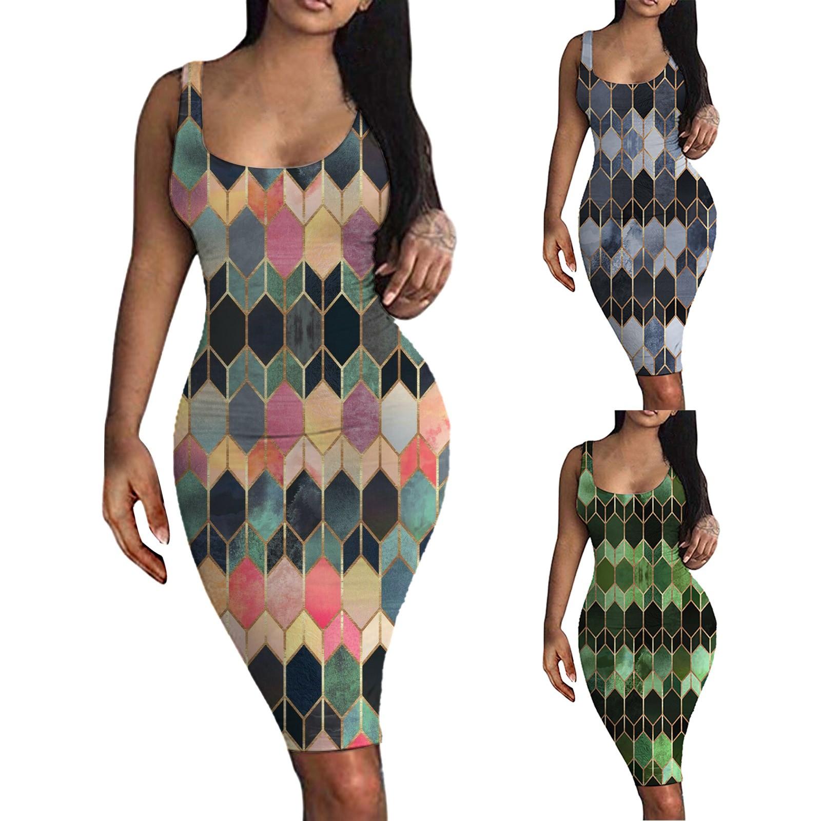 

Женское модное пуловерное платье без рукавов с круглым вырезом и принтом