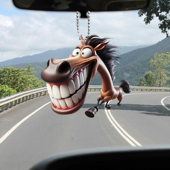 Funny 2D Horse Car Pendant Cartoon Prank Flat Decoration Acrylic Vehicle Interior Decor Ornament Auto Accessory
