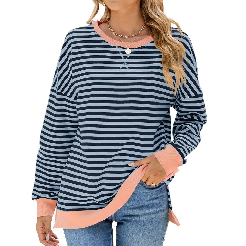 Elegant and Fashionable Autumn and Winter Comfortable Round Neck Striped Splicing Open Loose Long-sleeved Sweater Jacket Pullover Shirt Hoodies