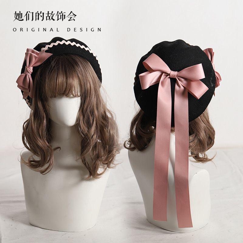 

Bow Knit Hat Women s Autumn Caps Brown Grid Cap Y2K Hat Women Winter Japanese Hat Jk Beret Y2K Designer Hats Pink Black Beret чёрный
