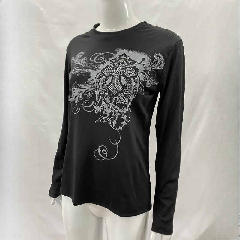 Y2K Spicy Girl Printed Long Sleeved Round Neck Slim Fit Top