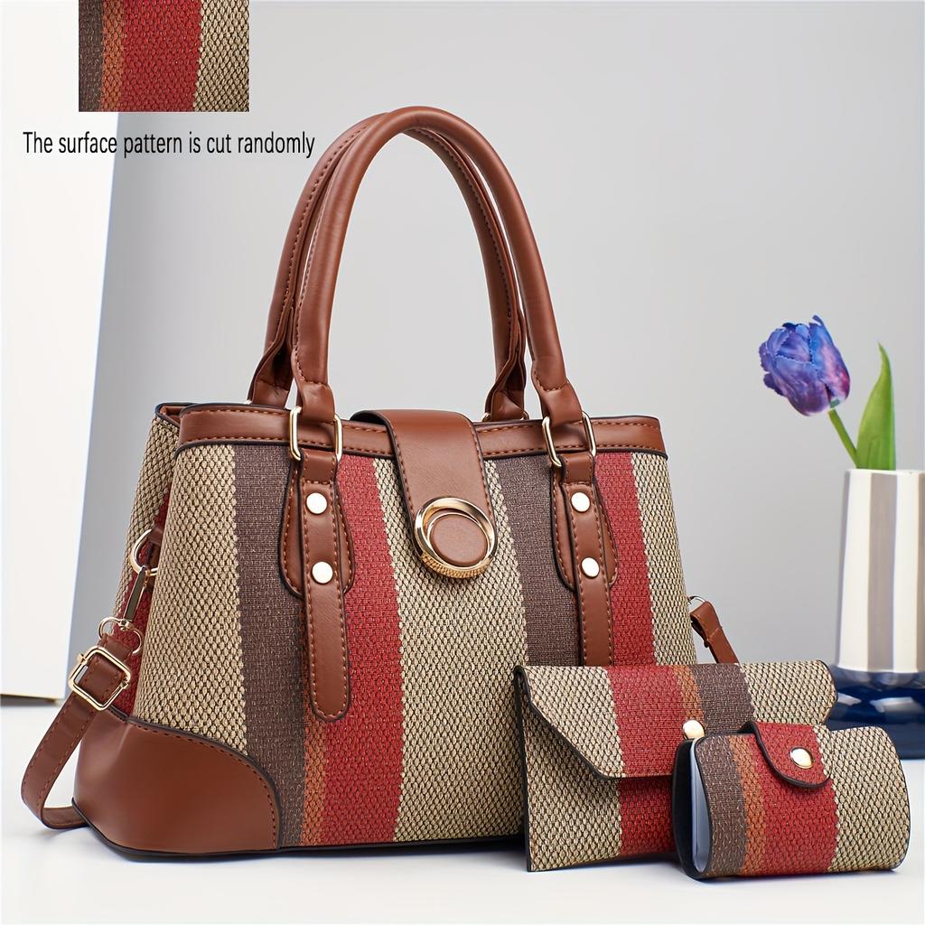 Classic Striped Women's Handbag Set, High-Quality Fashionable Versatile Three-Piece Set