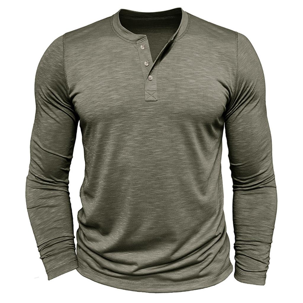 Men's Solid Color Casual Sports Round Neck Button Trendy Slim Fit Long Sleeve Top