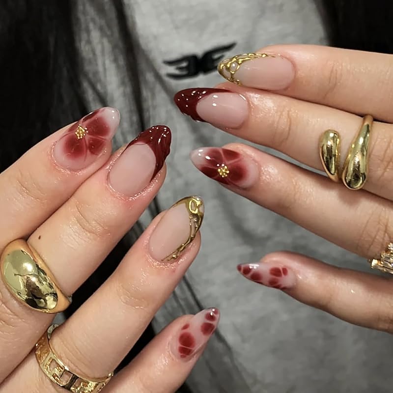 24Pcs Fall Press on Nails Medium Square Fake Nails with Autumn Leaves Designs Red Autumn Maple Leaf False Nail Thanksgiving Acrylic Nails Kit Red
