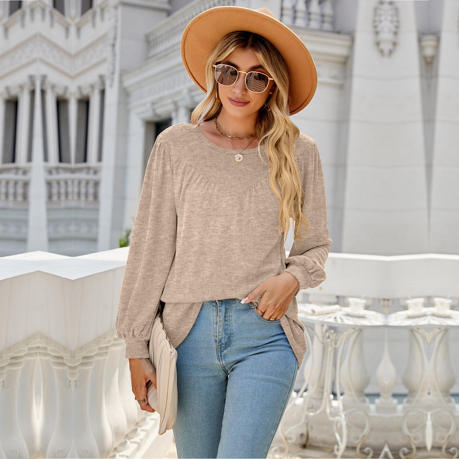 

GMXIA женские модные повседневные осенне-зимние однотонные блузки и рубашки с длинным рукавом и круглым вырезом с принтом XXL хаки