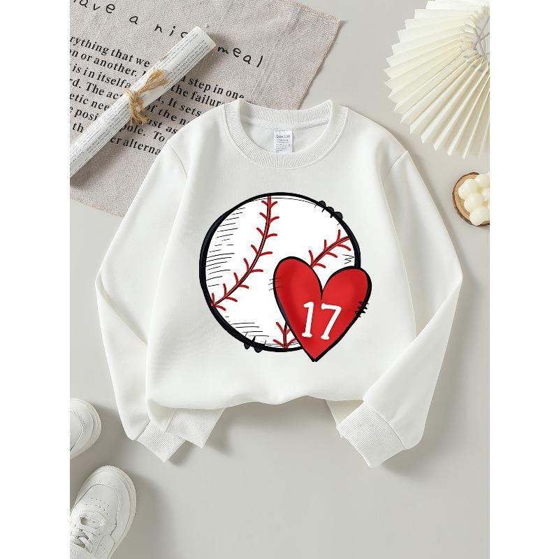 Baseball Heart Number Seventeen 2026 New Girls' Long-sleeve Casual Crewneck Sweatshirt, Suitable for Outdoor Sports and
