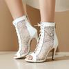 Sandales à bout poisson pour femmes Dentelle Creuse Talon Fin 9.5cm Talon Haut Lacets sur le Devant Bottes Cool Mode Chaussures de Performance Danse Jazz