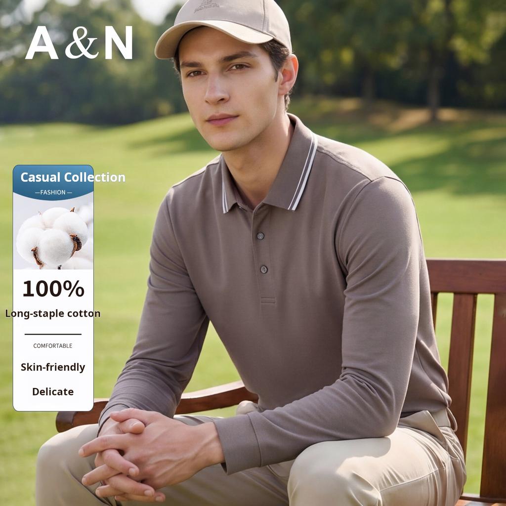 100% Long Staple Cotton Solid Color Polo Shirt Men's Long Sleeved Spring and Autumn New Versatile Pure Cotton Breathable T-shirt