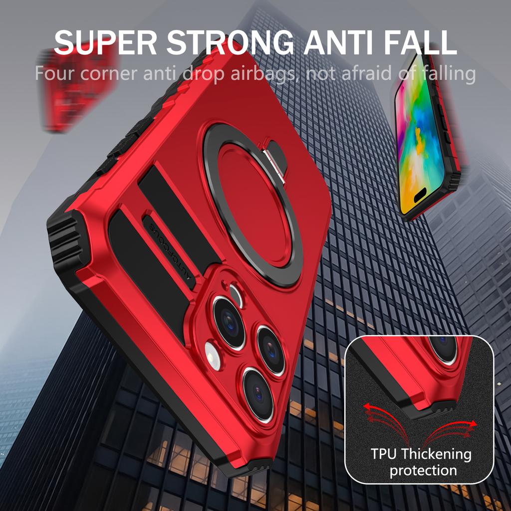 For iPhone 16 Pro Max Magnetic Case Ring Kickstand PC+TPU Drop-Proof Protective Cover