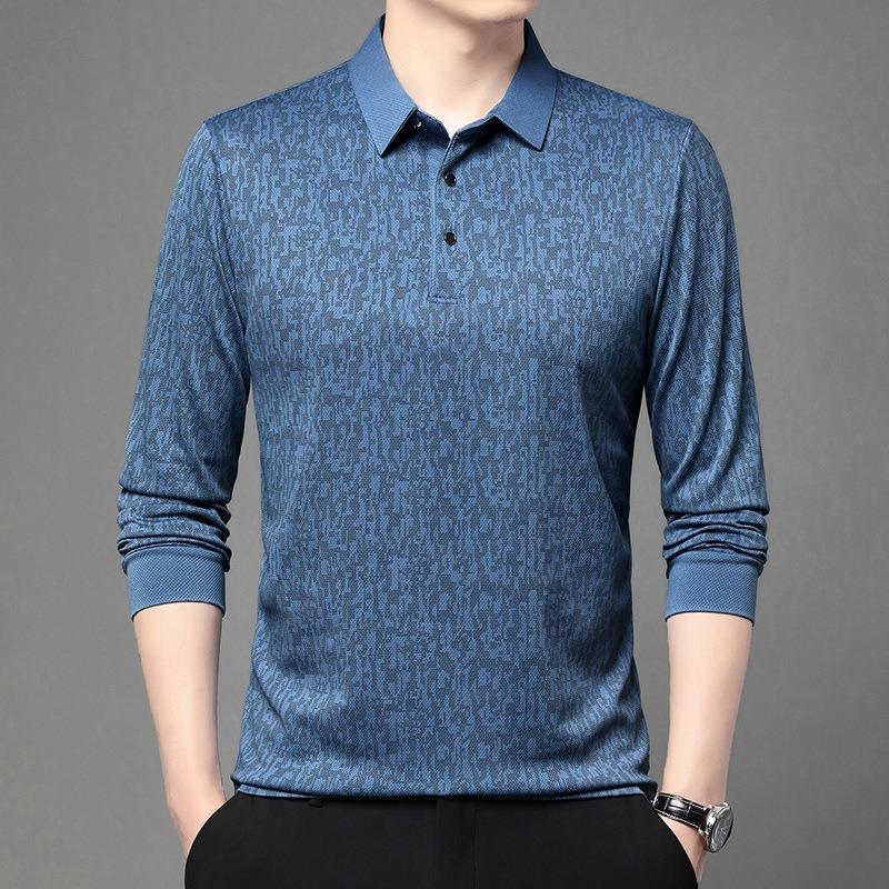 Mens Long Sleeve Jacquard Polo Shirt Business Casual Spring Autumn Top