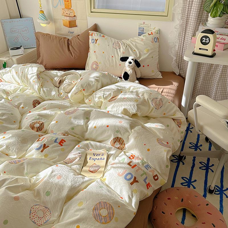 Cream Pure Cotton 4 Piece Bed Sheet Set Washable All Cotton Duvet Cover Pillowcase Class A 3 Piece Set Soft Comfortable Bedding