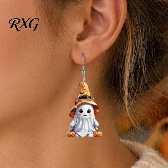 Pumpkin And Bat Earrings 1 Pair Halloween Cute Ghost Earrings, Acrylic Dangle with Witch Secure Fit Hat Bat, Anti-Rust Metal Hooks, Playful