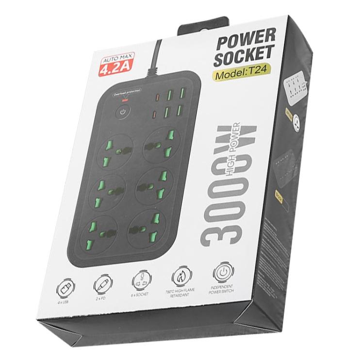 T24 2m 3000W 6 Plugs + PD + 4-USB Ports Multifunctional Flame-Retardant Socket With Switch