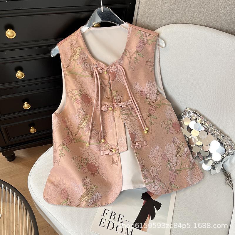 

Женский жилет из жаккардовой парчи на пуговицах, новый ретро жилет-топ 2025, жилет сверху XXXL [Recommended 138-75kg] розовый