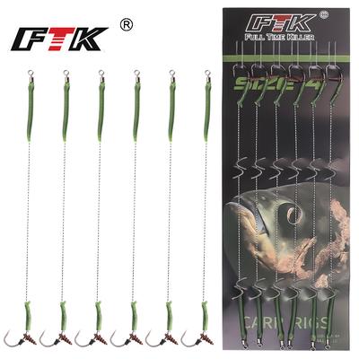 FTK 21m 6pcs Lead Fishing Carp Hooks with PE Braided Line 30-60lb 2/4/6/8 # European Feeder Set Carp Hook Accessories