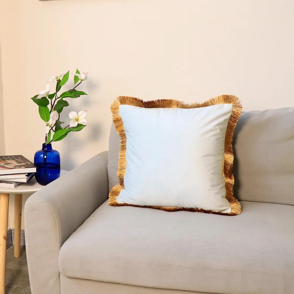 Velvet Cushion Cover with Gold Tassels Edge, Monochromatic Pillowcase, Decorative Sample Room, Bed and Sofa