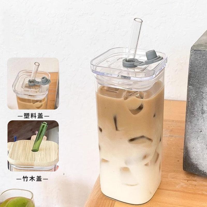 Square Glass Water Cup with Lid - Transparent Minimalist Heated Cup for Home Use, Coffee Cup, Juice Cup, Korean Style