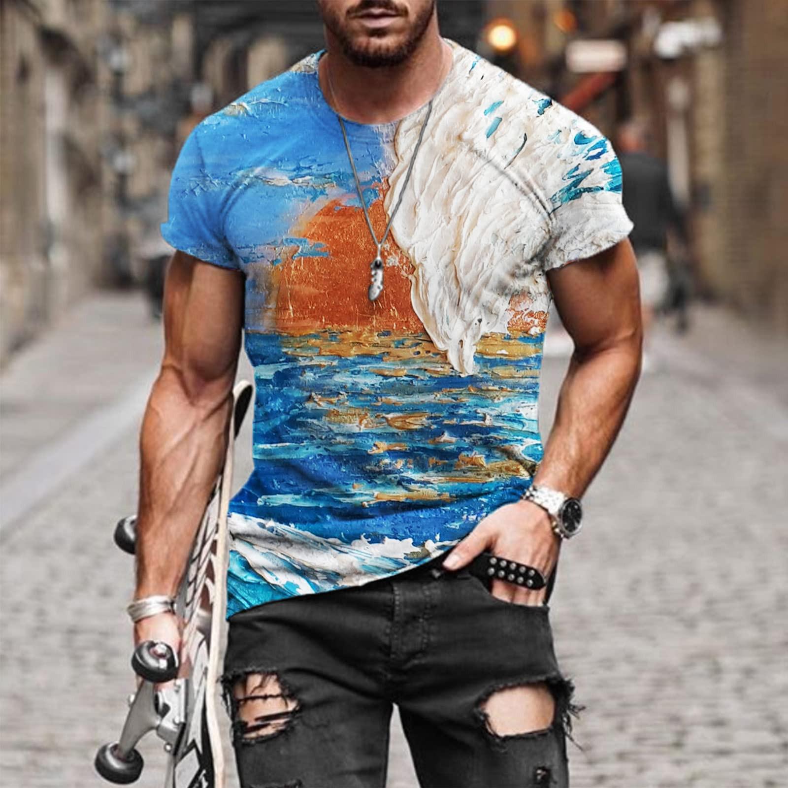 Мужская весенне-летняя повседневная тонкая футболка с коротким рукавом с 3D принтом верхняя блузка M бежевый 1355₽