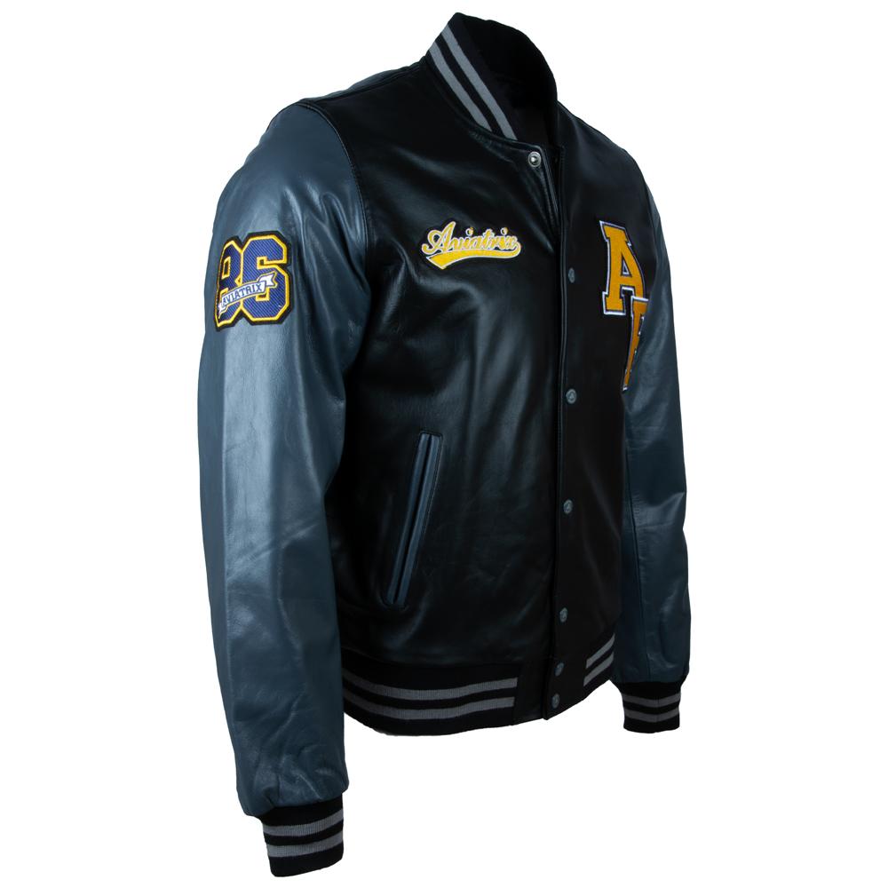 AVIATRIX Men's Real Leather Baseball Bomber Jacket (VZH7) - Black & Grey