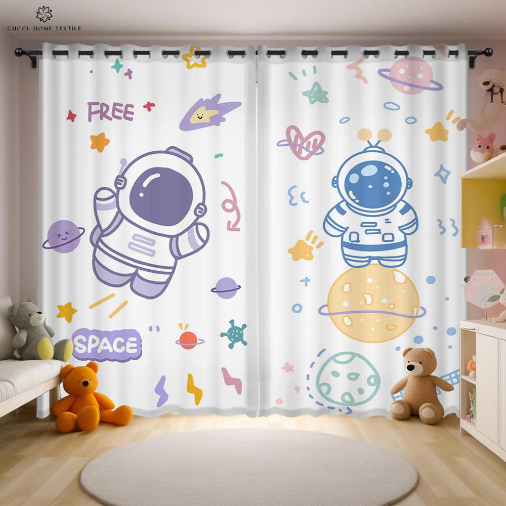 Cartoon Space Astronaut Curtains 2 Piece Puzzle Creative Printing Curtains Children's Room Kitchen Study Decorative Curtains