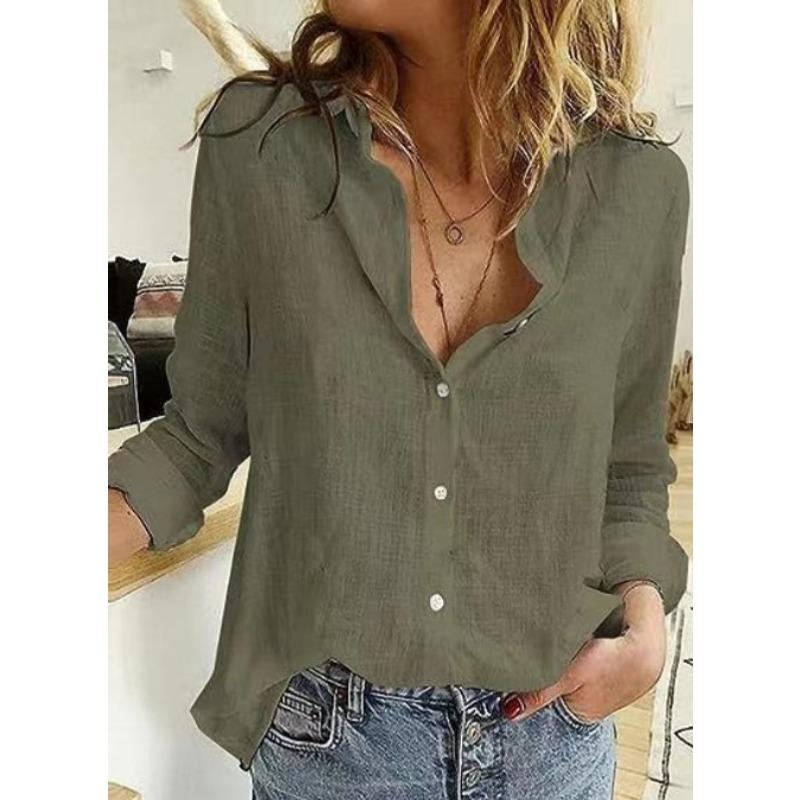 Damenmode, lässig, Frühling und Herbst, einfarbig, langärmelig, Polo-Ausschnitt, Blusen und Hemden
