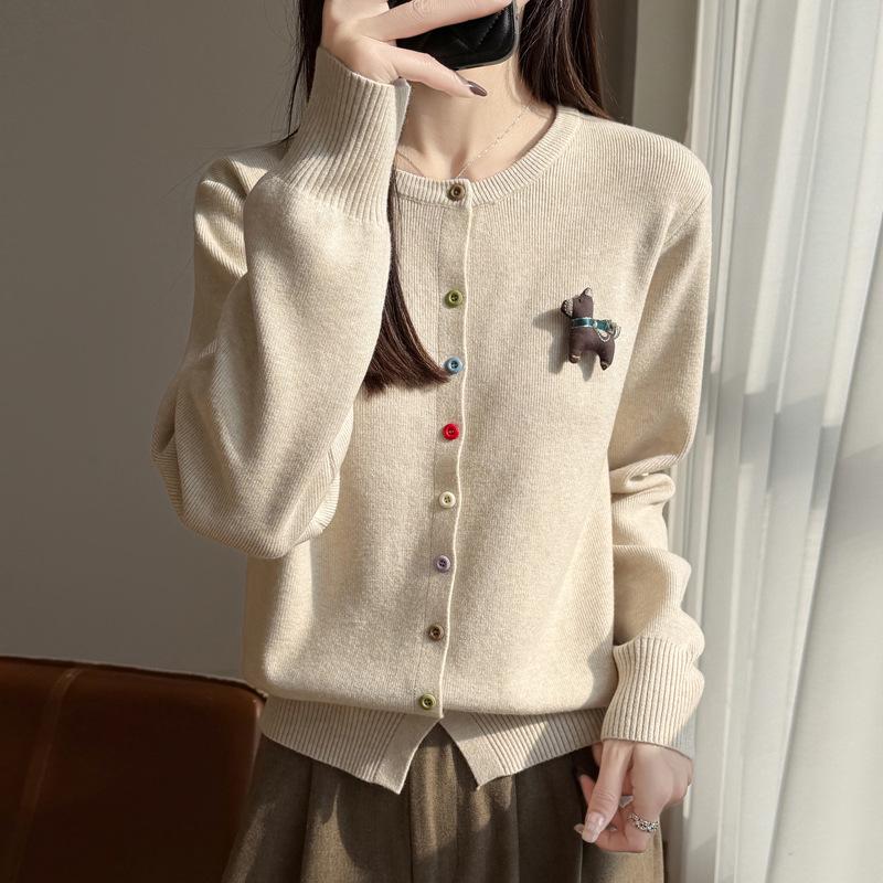 Spring 2026 Women's Knitwear Round Neck Cardigan with Colorful Buttons and Small Horse Design