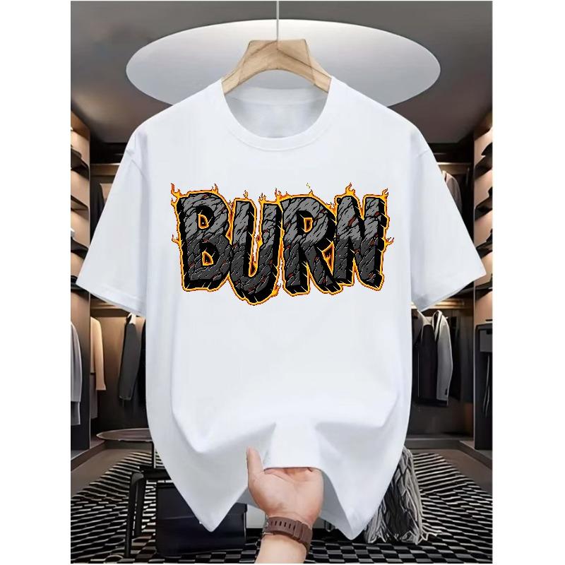 

European sizes Men S Casual BURN Graphic T-Shirt - Black & Orange Flame Design, Polyester Blend, Short Sleeve 4XL