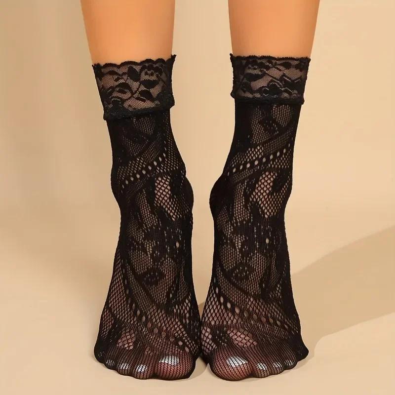 5 Ζευγάρια Κάλτσες με Φλοράλ Δαντέλα Λεπτές Αναπνεύσιμες Κοντές Κάλτσες Καλοκαιρινό Διχτυωτό Στυλ Lolita Διχτυωτές Κάλτσες Γυναικείες Κάλτσες