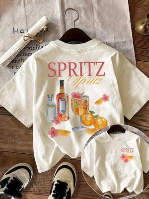 Cartoon Cocktail and Letter Print Round Neck Top Simple and Versatile Style Women's Summer Casual Short-sleeved Top