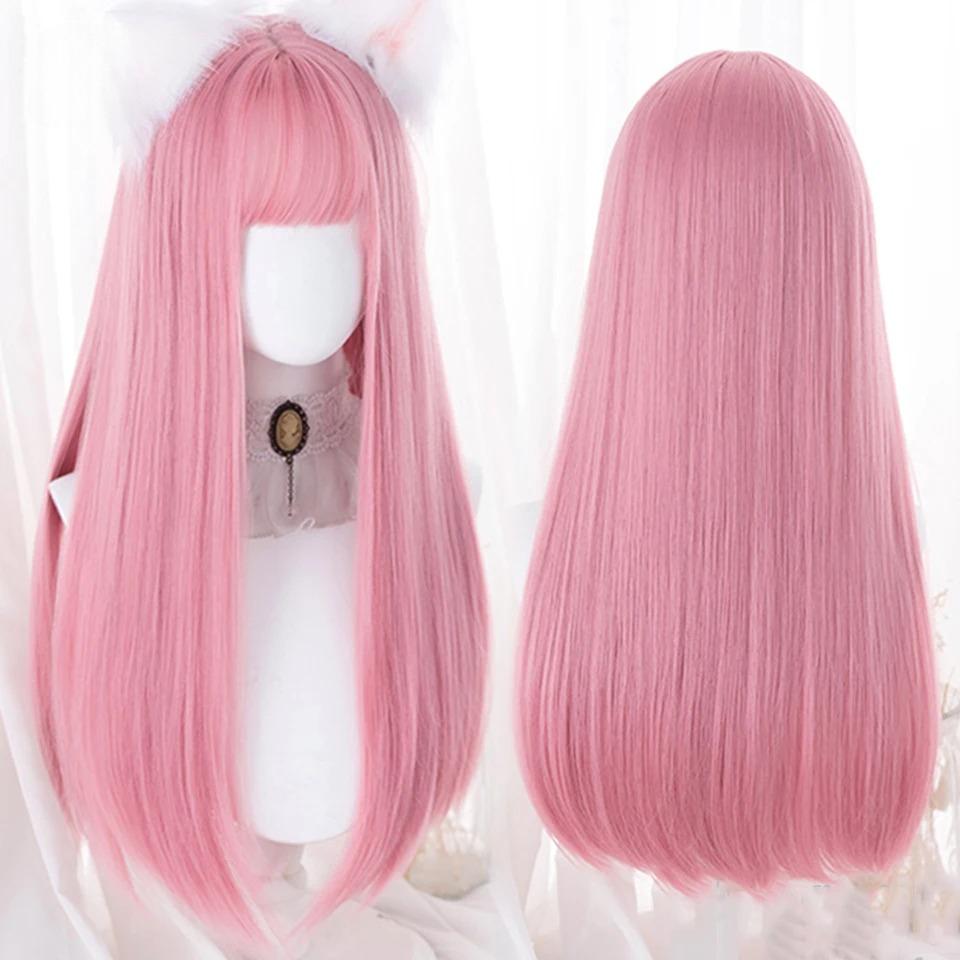 LM Cosplay kahküllü peruk sentetik düz saç 24 inç uzun isıya dayanıklı pembe peruk kadınlar için