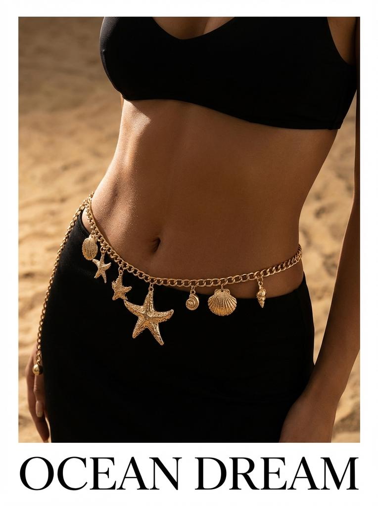 Metallic Summer Beach Starfish Shell Waist Chain Women Sexy Bikini Belly Body Chain Vacation Jewelry Accessories