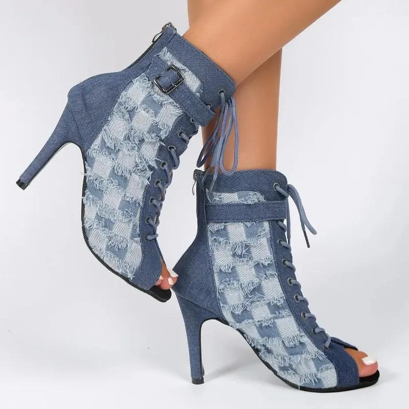 Fashion 2024Sexy Peep Toe Denim Ankle Boots Women Stiletto High Heels Gladiator Summer Booties Woman Zipper Cross-Tied Dress Shoes