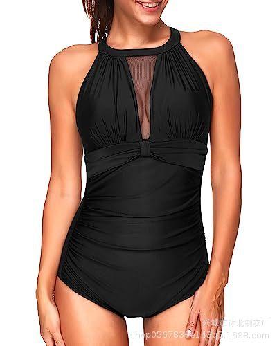 Women s One-Piece Swimsuit High Neck Low Chest Pleated Belly Swimsuit S