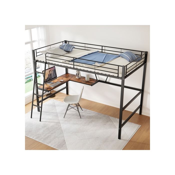 Lit mezzanine - MUVOE - 90x200cm - Métal noir - Bureau en L - Bibliothèque intégrée