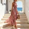 Casual Loose Fit Dress Floral Chiffon for Women, Halter Sleeveless Ruched Maxi Off-shoulder Dress, Turtle Neck Wedding Guest Cocktail Evening