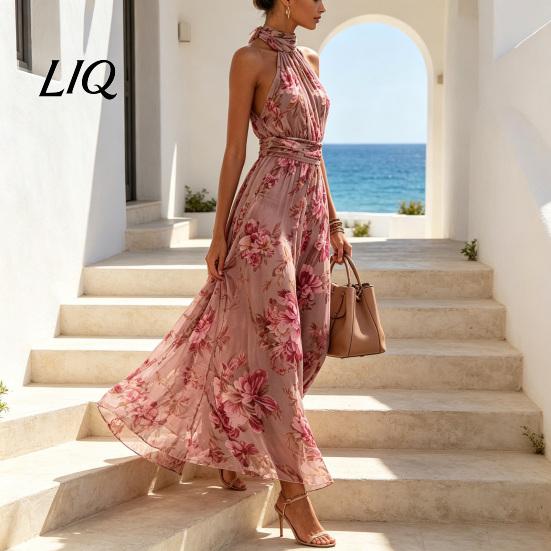 Casual Loose Fit Dress Floral Chiffon for Women, Halter Sleeveless Ruched Maxi Off-shoulder Dress, Turtle Neck Wedding Guest Cocktail Evening