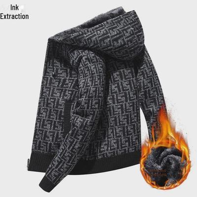 Men's Hooded Velvet Thick Knit Cardigan - Autumn/Winter 2023 Collection