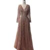 Serene hill rose gold V-neck long sleeves, slim and elegant banquet host evening dress LA10181L