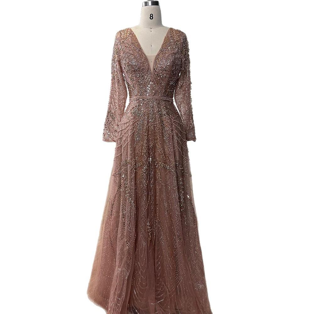 Serene hill rose gold V-neck long sleeves, slim and elegant banquet host evening dress LA10181L