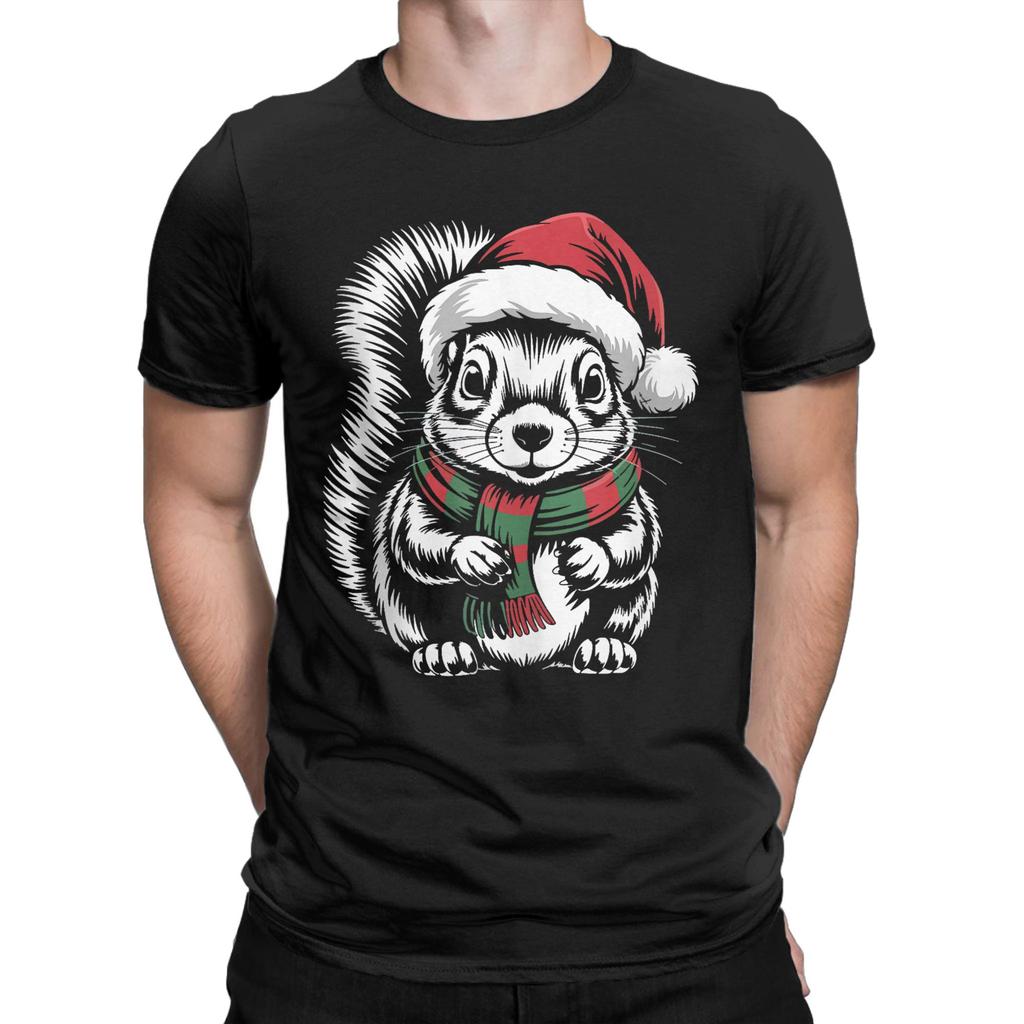 Leisure Squirrel Xmas Santa Hat Scarf Christmas T-Shirts for Men Crew Neck 100 Cotton T Shirts  Short Sleeve Tees Plus Size Tops