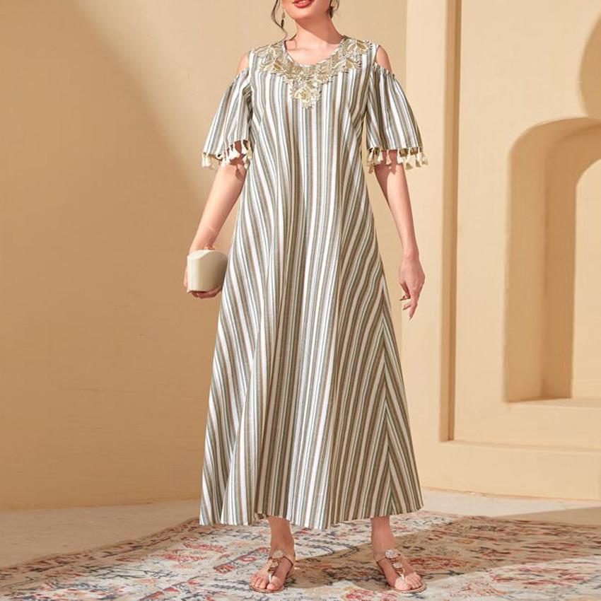 Cross-border women s new dress women s spring striped robe fringed five-point shoulder sleeves loose dress S
