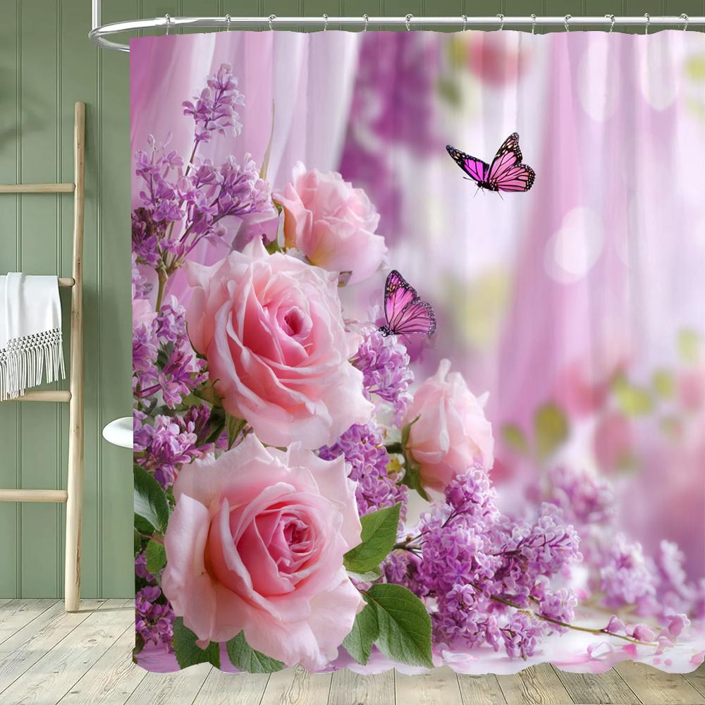 Pink Rose Butterfly Shower Curtain Partition Hanging Bathroom Curtain with Hooks Washable Home Decoration Curtain