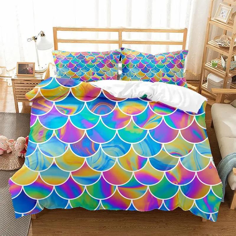 Comforter Mermaid Fish Scales Magical Colorful Seamless Pattern With Fish Scale Net Print Bedding Set Microfiber
