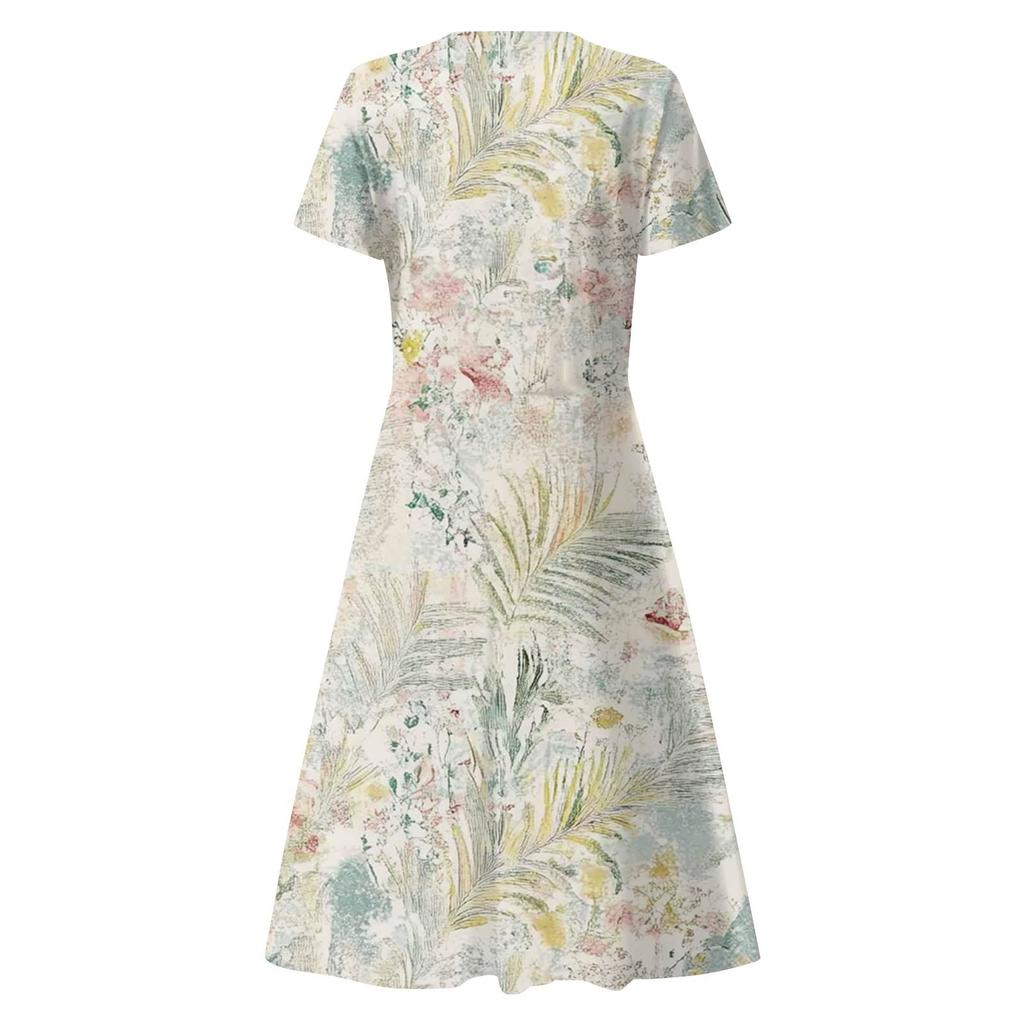 Women's Summer Casual Fashion Print Pocket Short Sleeve V-Neck Swing Dress