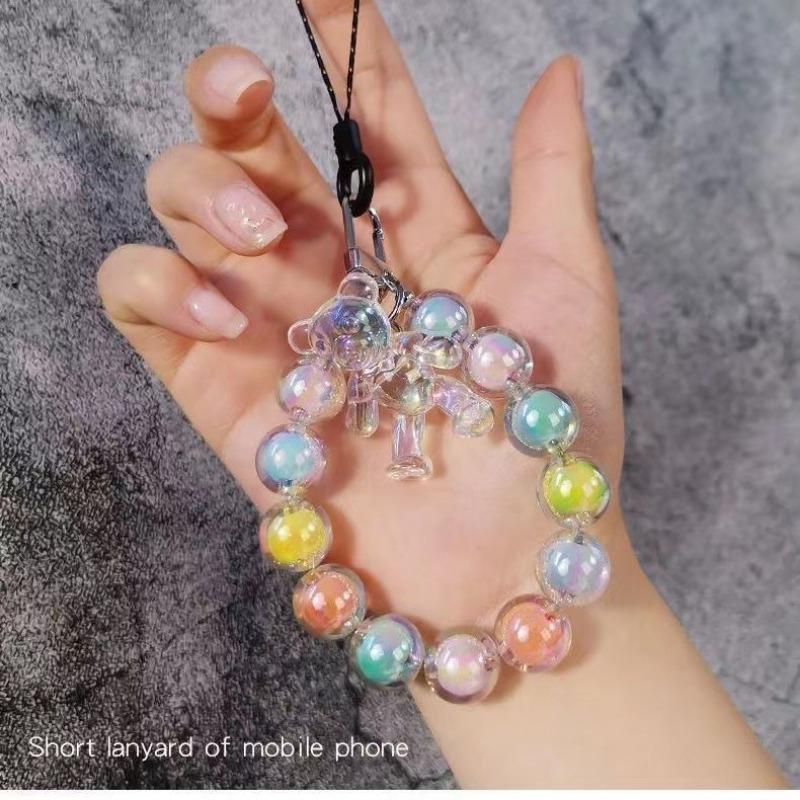1 Stück Ins Wind Bunt Mini Bär Kurzes Lanyard Anti-Verloren Handy Anhänger Macaron Farbe Perlen Handykette