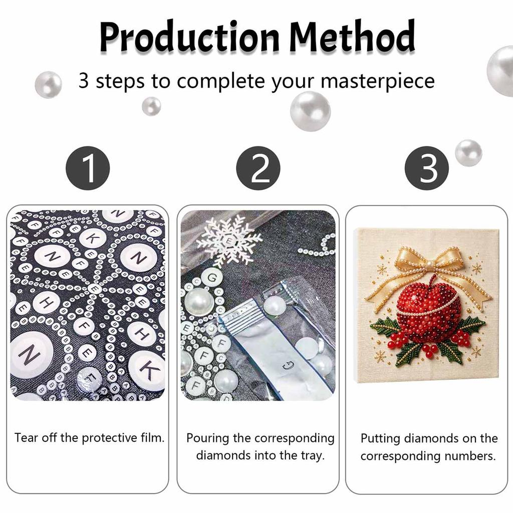 DIY 5D Pearl Painting Kit Framed with Festive Christmas Apple and Holly Bow Design Sparkling Bead Canvas Art Creative Gift for Nursery Room Decor