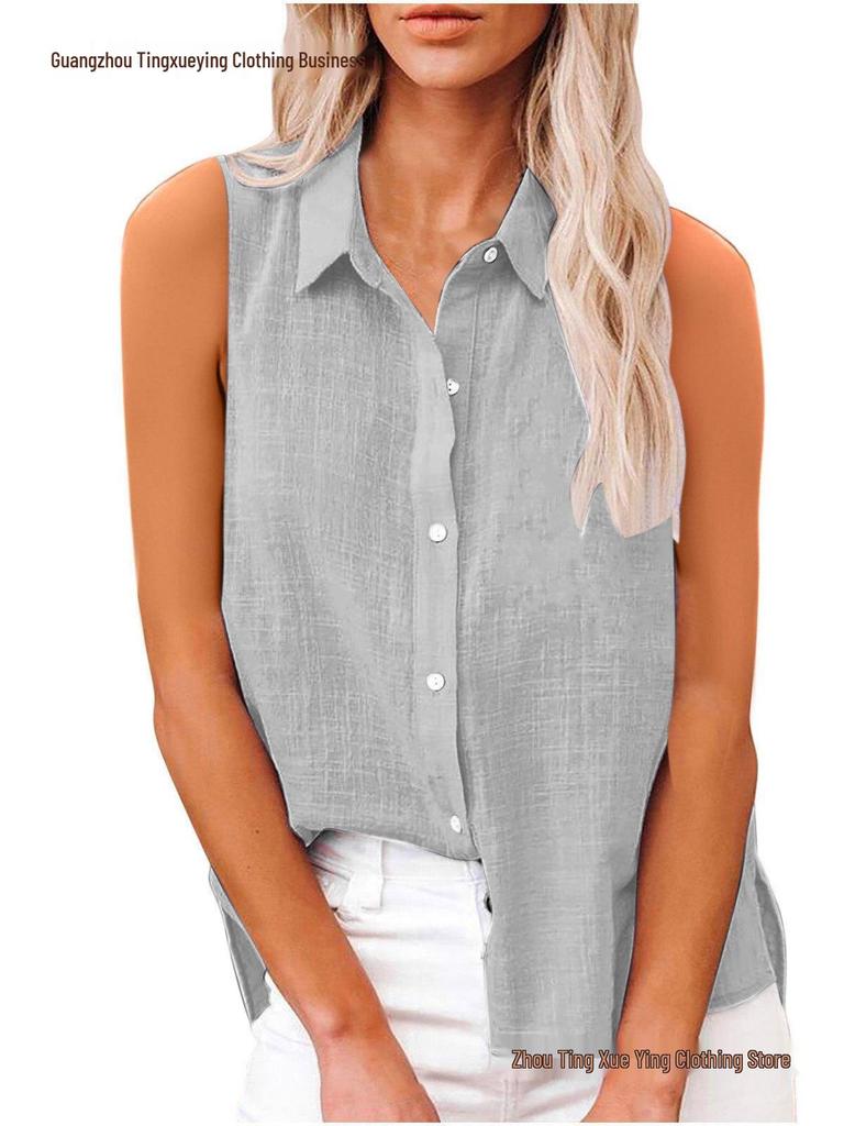 Sommer ärmelloses Revers Baumwolle Leinen Damenhemd