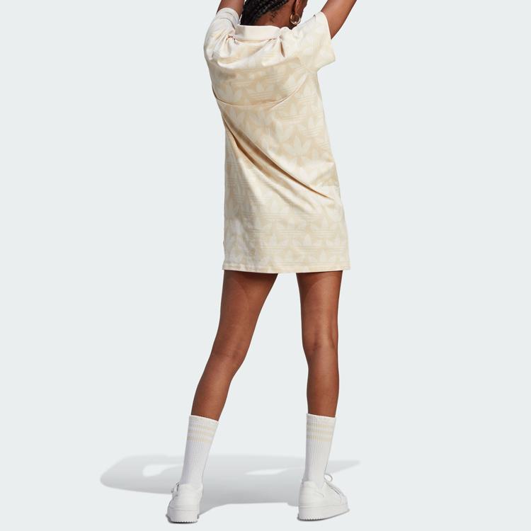Adidas Originals Monogram Dress Logo Printed Sports Comfortable Short Sleeve Dress Women Dresses White IJ6002