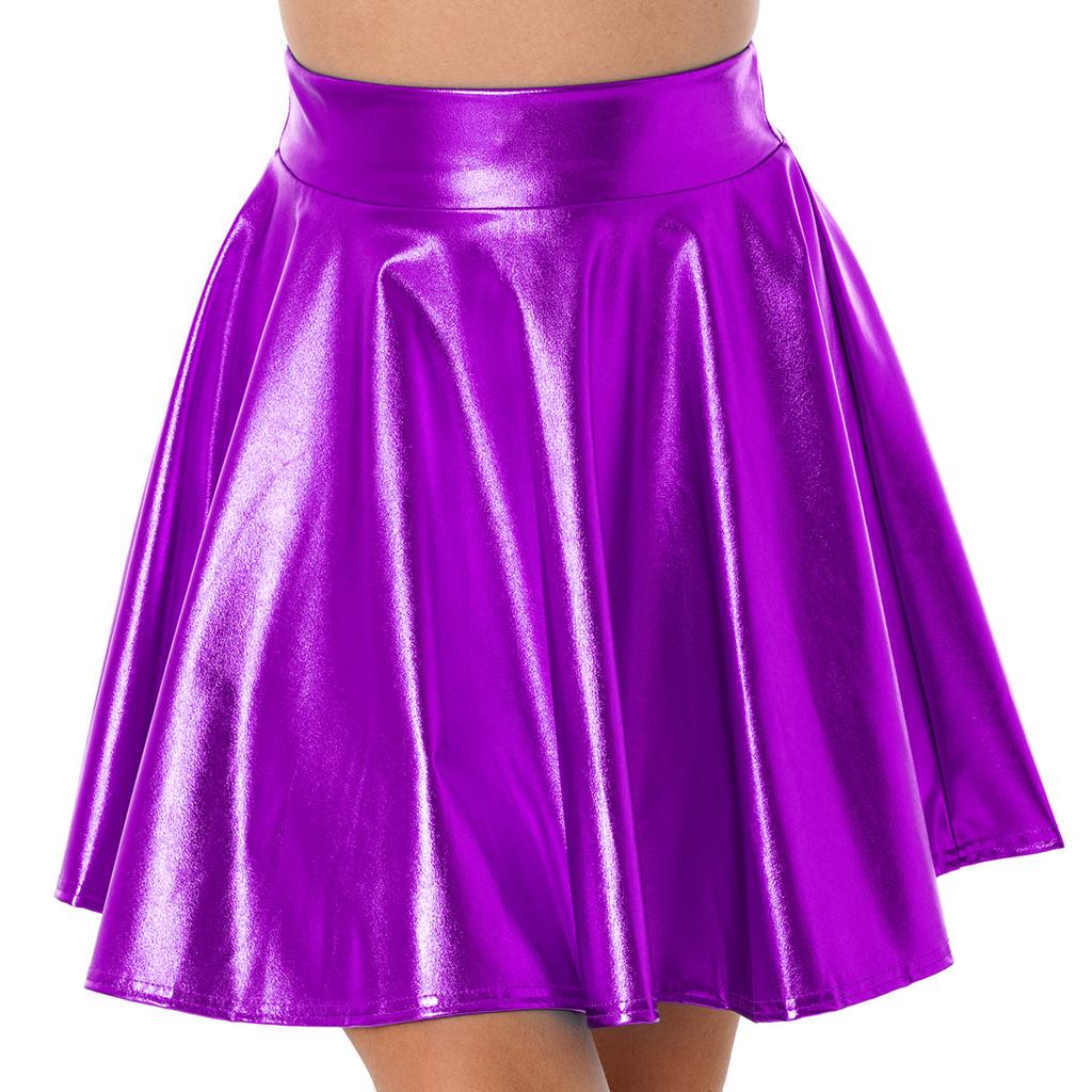 Womens Shiny Metallic Ruffle Glossy Mini Skirts Punk Party Clubwear Streetwear High Waist Flare Skirt Rave Cocktail Costume